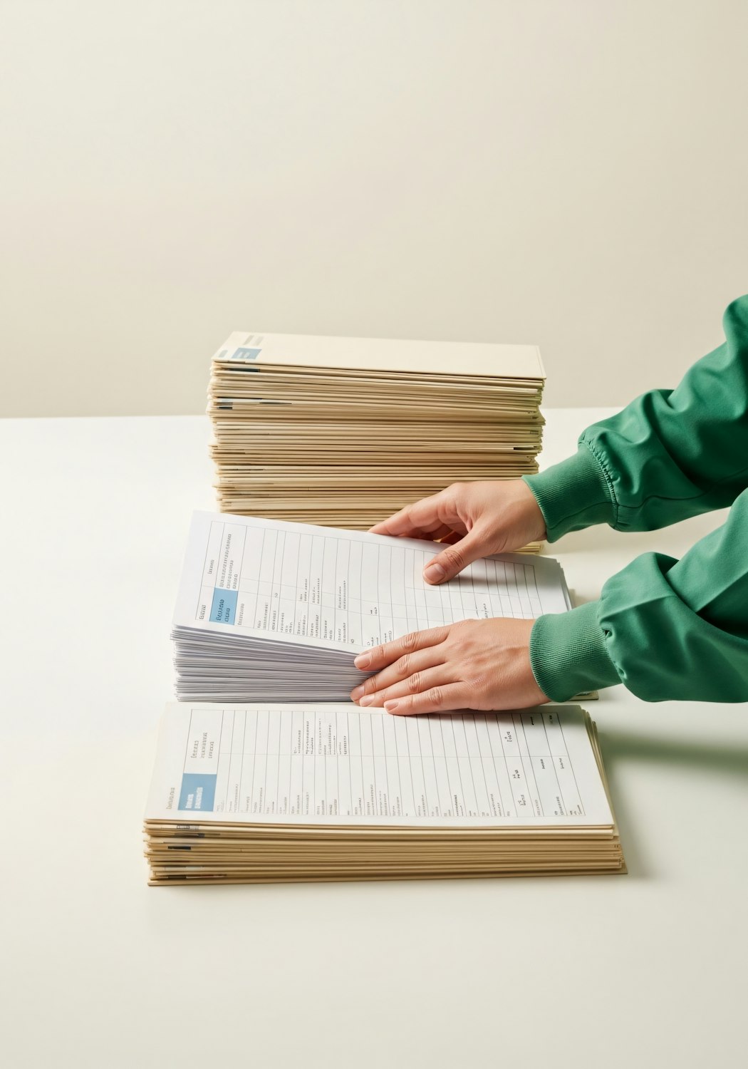 Hands sorting printed sheets into folders on a pale worktable