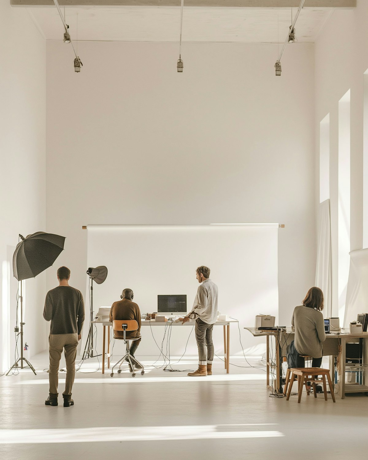 Wide daylit studio with three people working at long desks surrounded by photographic equipment