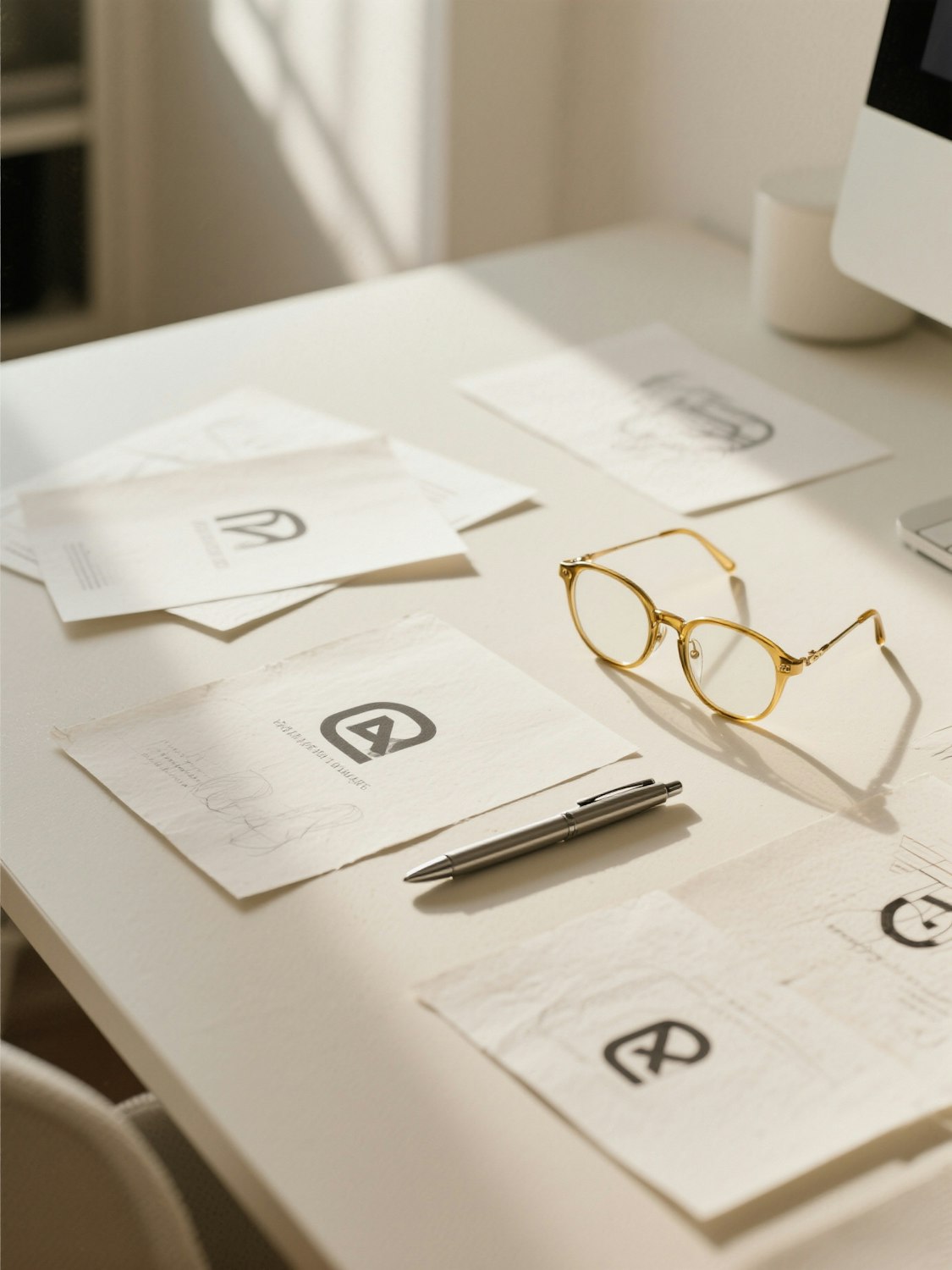 Studio desk with printed logo sketches, a pen and reading glasses in daylight