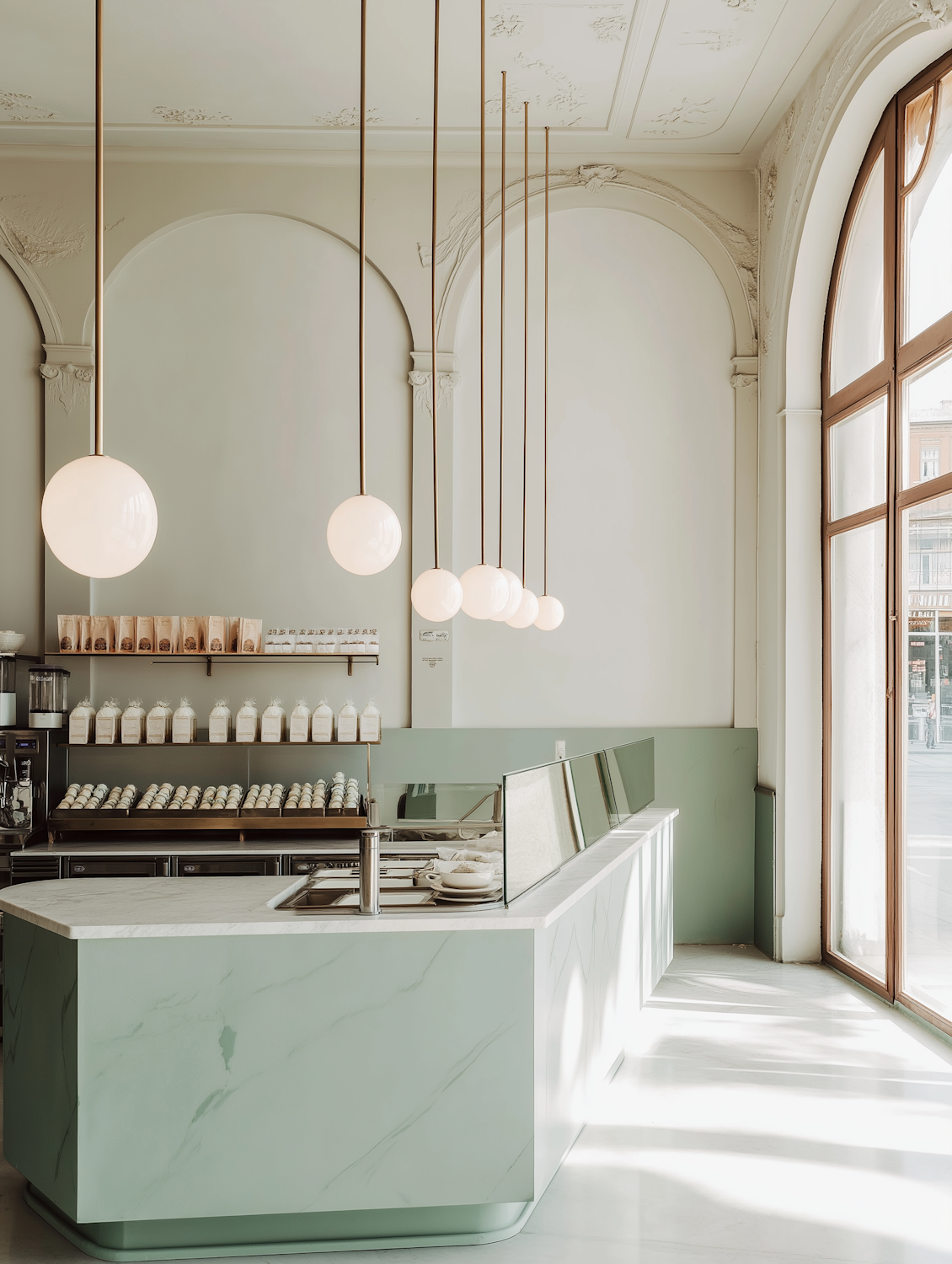 Café interior with pale green counters, brass pendant lights and arched windows