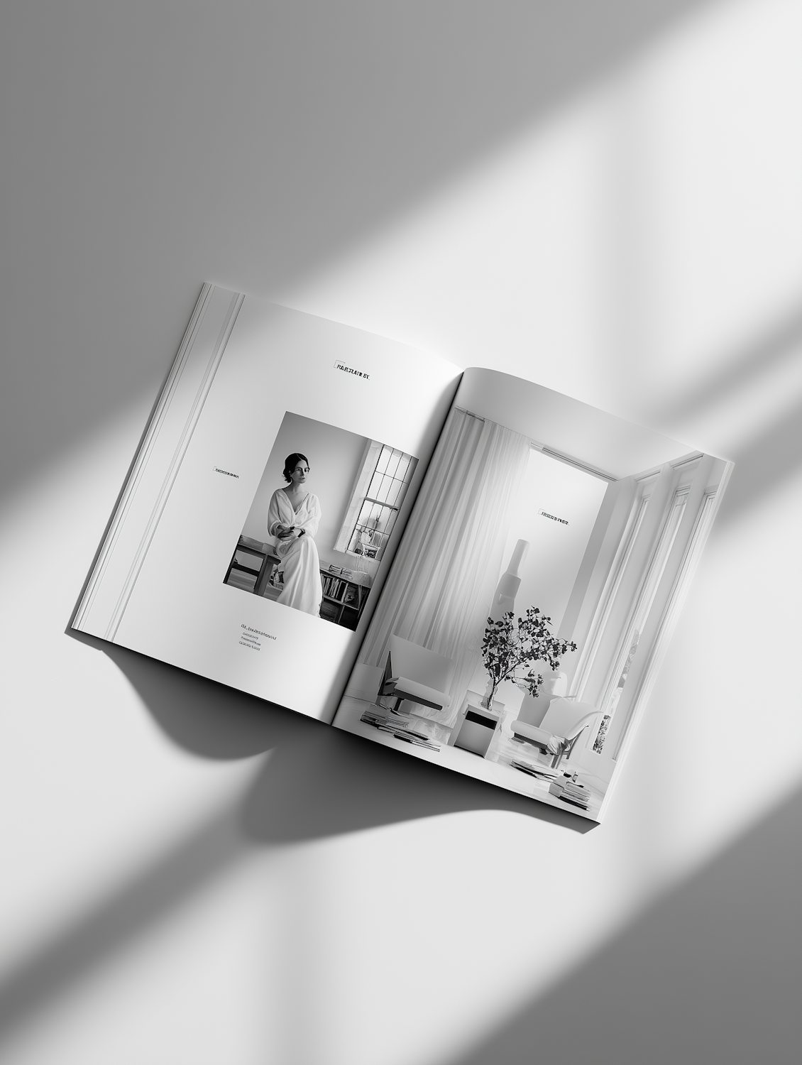 Open magazine spread with a portrait on the left page and an interior photograph on the right