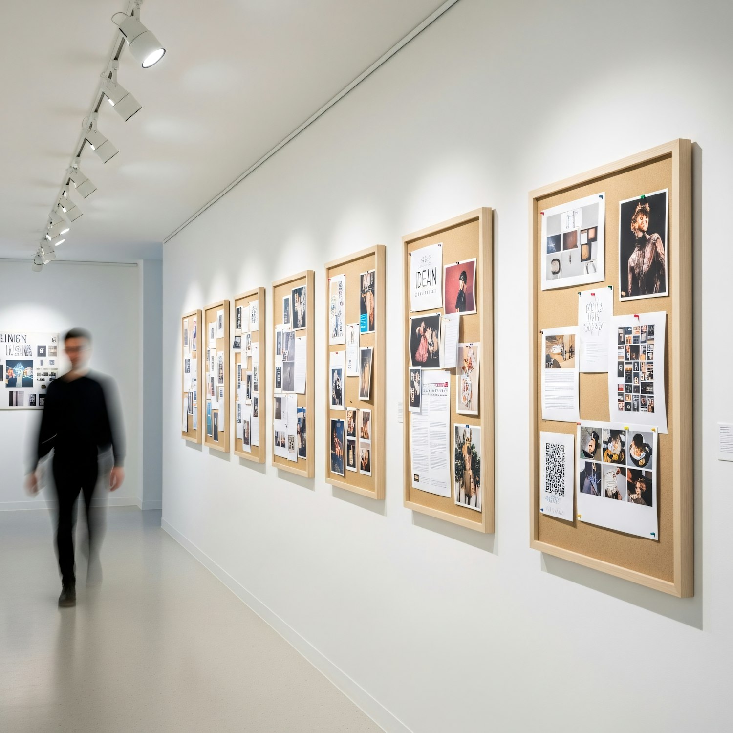 Gallery wall of framed collage boards lit by spotlights with a visitor walking past