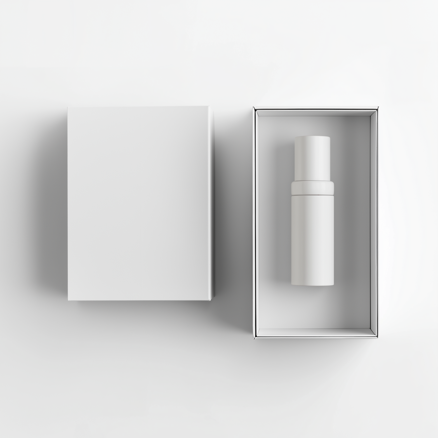 Unbranded white carton opened to show a cylindrical glass bottle