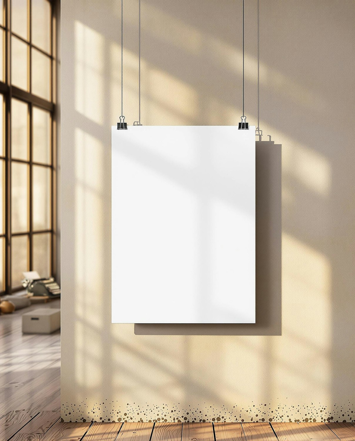 Large poster leaning against a wall in a sunlit room with wooden floors